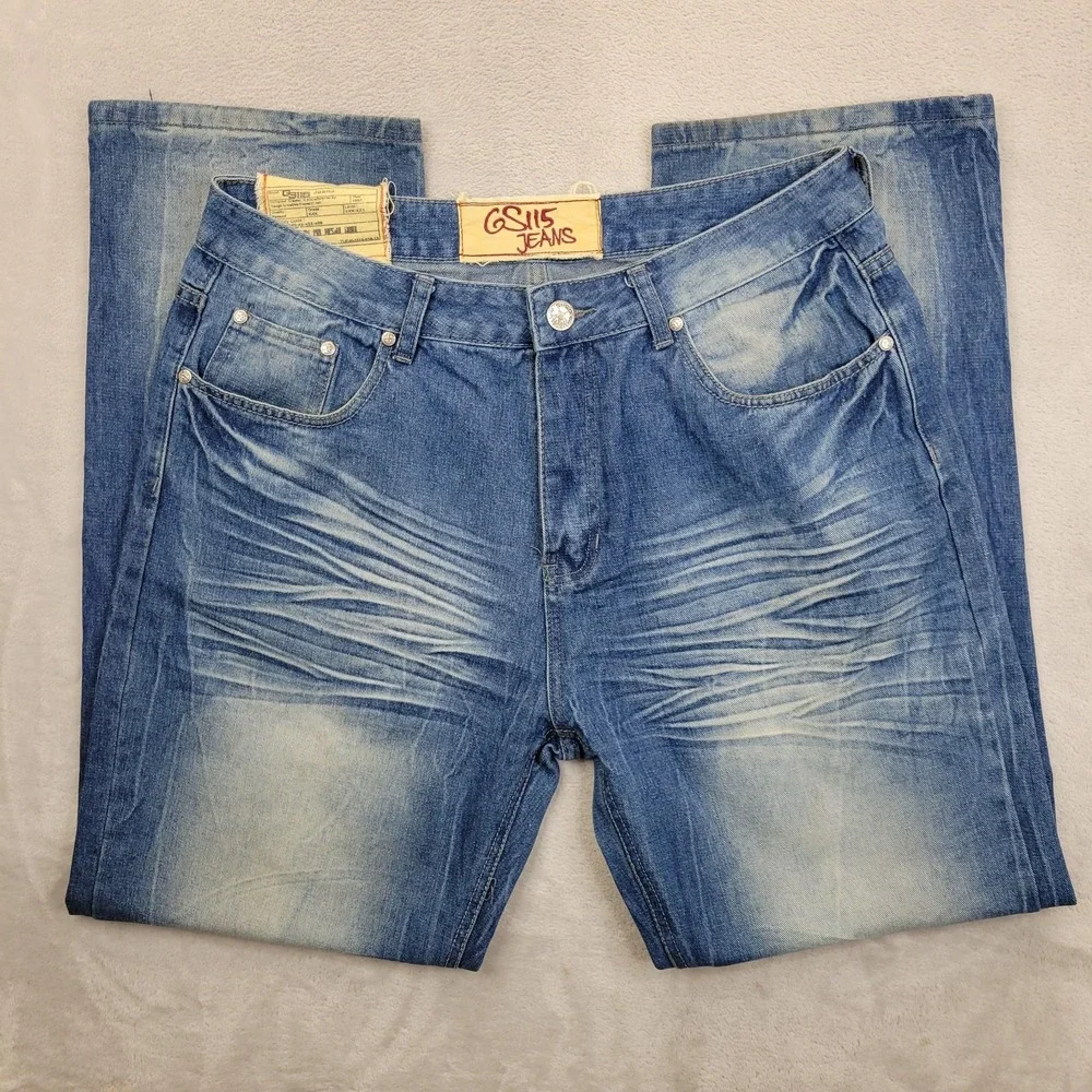 GS115 Jeans Mens 36 Distressed Straight‎ Leg Denim Pants Baggy Faded Vintage